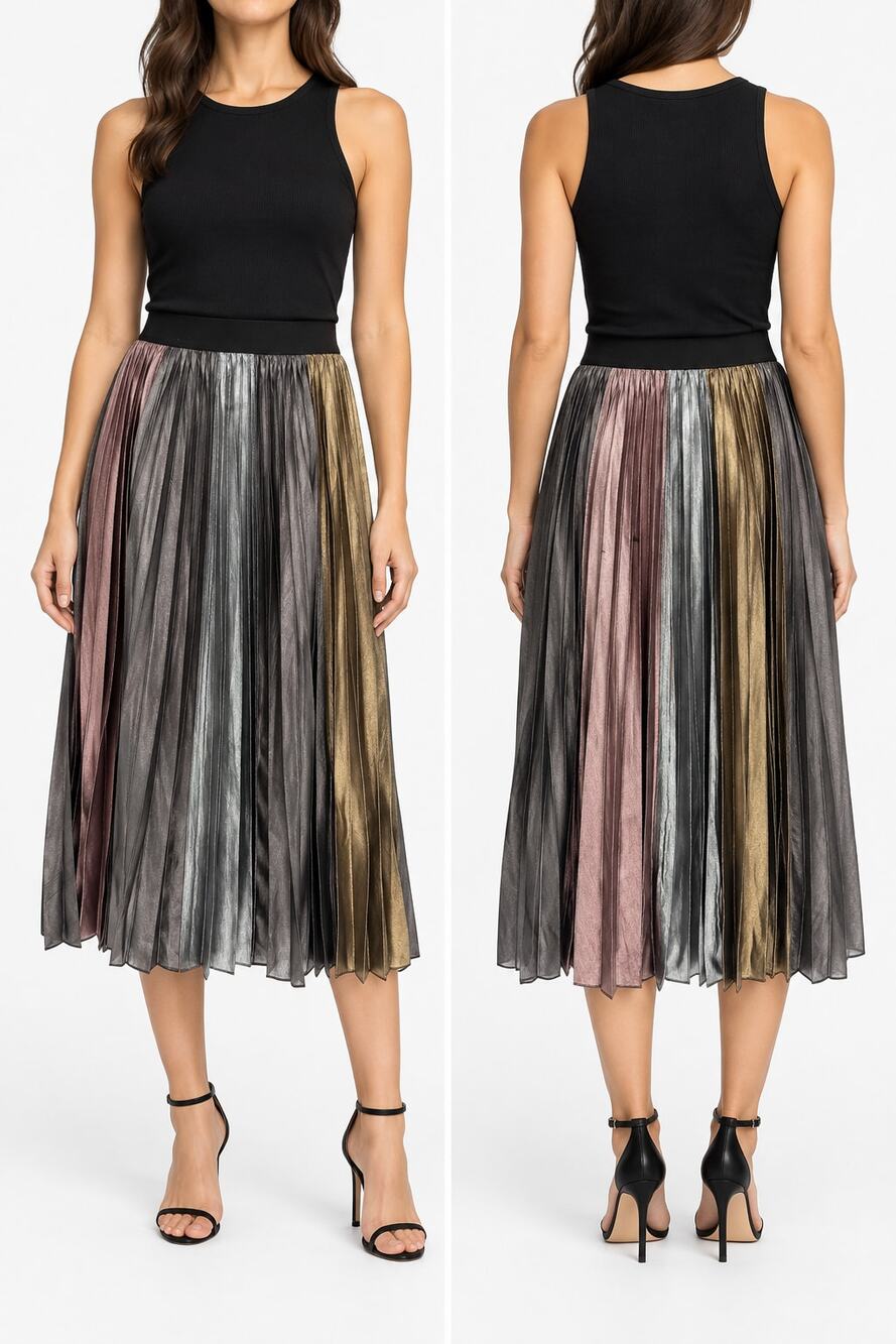 BCBG MAXAZRIA Dallin Metallic Pleated Midi Skirt XS Multicolor Statement Party